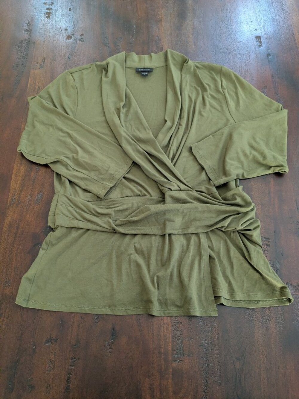 J. Jill Wearever Collection Olive Green Faux Wrap Peplum Top (Size Large)